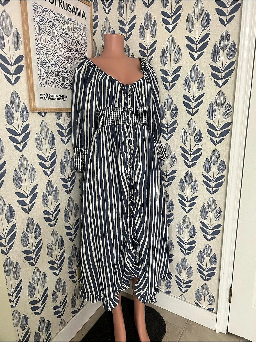Free People Blue and White Striped Cotton Midi Dress Small